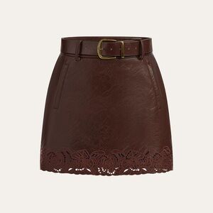 Commense Brown Leather Mini Skirt with Lace Detail